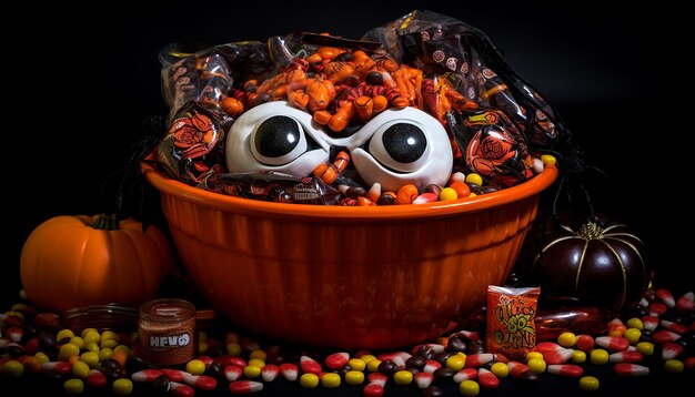 Foto halloween con caramelos en el cubo de caramelos de halloween en el estilo de la fotografía de mesa