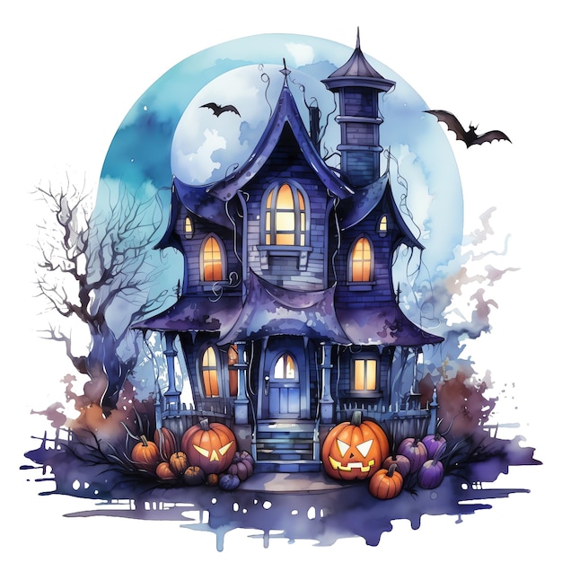 Halloween casa embrujada espeluznante acuarela ilustración halloween clipart