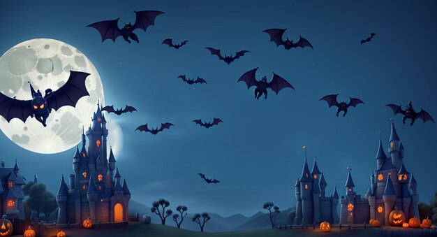 Halloween Castle Night Moon Background abóboras brilhantes e morcegos voando