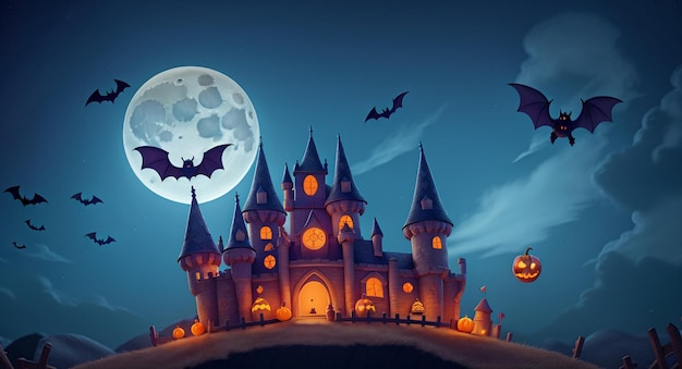 Halloween Castle Night Moon Background abóboras brilhantes e morcegos voando