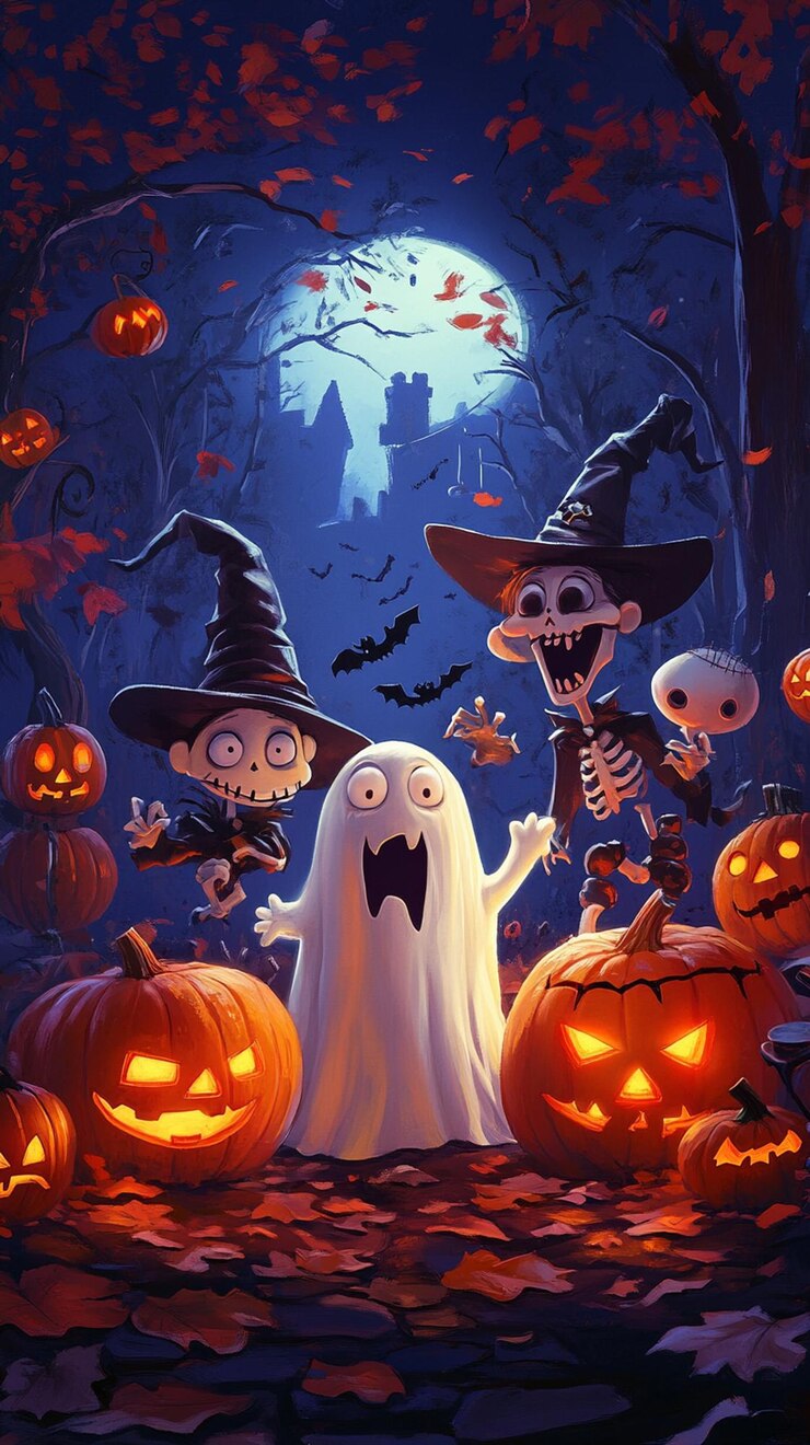 Halloween-Charaktere wie Geister, Hexe, Zombie, Kürbisskelett veranstalten eine Party.