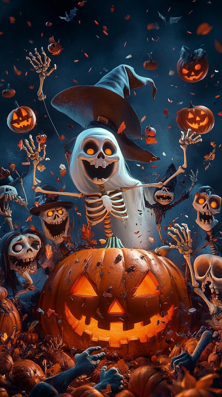 Halloween-Charaktere wie Geister, Hexe, Zombie, Kürbisskelett veranstalten eine Party.