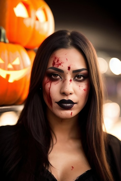 halloween una chica con un vestido negro con salpicaduras de sangre en la cara