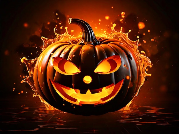 Halloween clipart de calabaza que sonríe en las llamas con fondo de salpicaduras