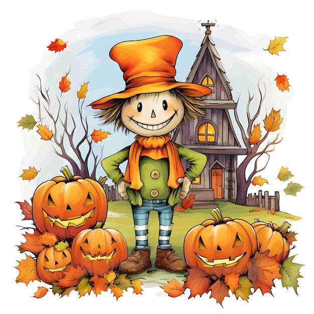 Halloween clipart um espantalho alegre em pé na frente de uma aconchegante casa laranja e abóboras