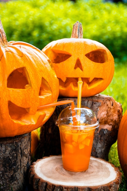 Halloween-Cocktail nahe Kürbisdekoration auf Oberfläche