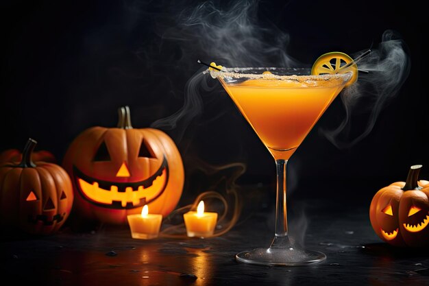 Halloween-Cocktails auf einer Party mit einem von Kürbissen inspirierten, lustigen Getränk, das auf einem dunklen, nebligen Hintergrund leuchtet