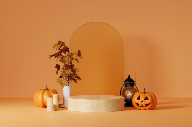 Halloween com abóbora e fundo de exibição de produto de pedestal de pódio mínimo vazio e elementos de Halloween. Renderização 3d..