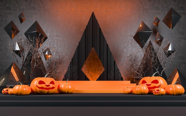 Halloween com abóbora e pedestal de palco mínimo vazio exibindo fundo renderização 3d
