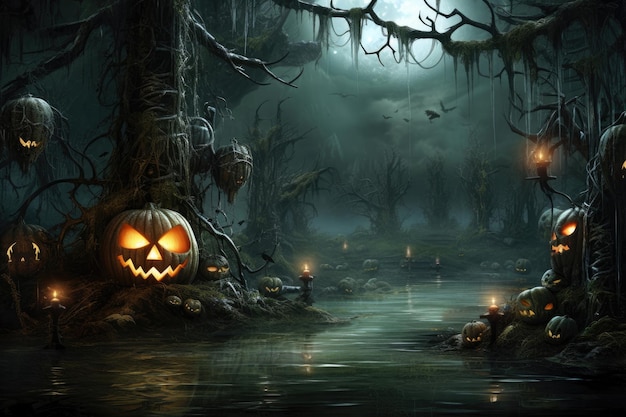 Halloween com lanterna de abóbora floresta fundo castelo