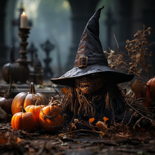 Halloween com lanternas de abóbora e fantasias assustadoras