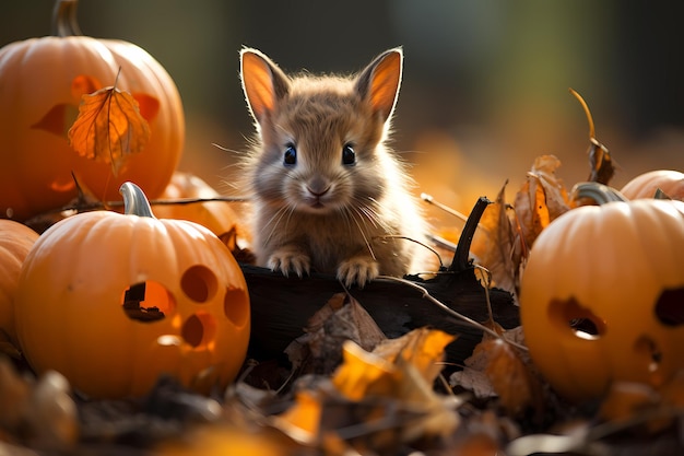 Halloween conejo lindo y aterrador y calabazas en la naturaleza