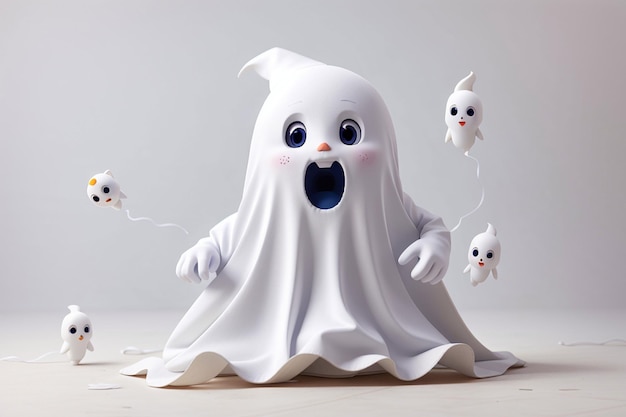 Halloween Criança fofa fantasiada de fantasma em fundo isolado conceito de férias