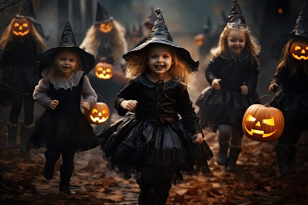 Halloween crianças em fantasias ao ar livre Cartão de feliz dia das bruxas Diversão de férias de outono Engraçado expressão de festa infantil