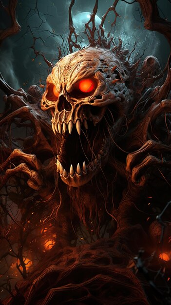 Halloween criatura assustadora bizarra com olhos flamejantes e boca cabeça de abóbora