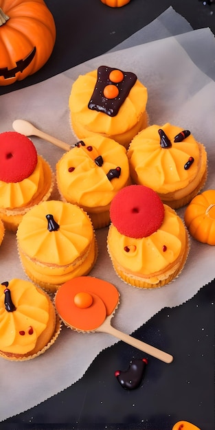 Halloween-Cupcakes dekoriert mit Kürbissen und Kürbislaternen