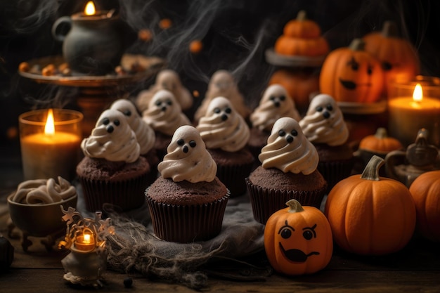 Halloween-Cupcakes mit Geisterdekorationen und Schokoladenglasur im Stil einer Spukatmosphäre in Dunkelorange und Dunkelgrau. Generative KI