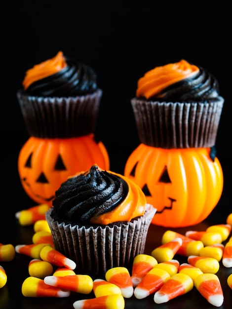 Halloween-Cupcakes verziert mit schwarz-orange gewirbeltem Zuckerguss.