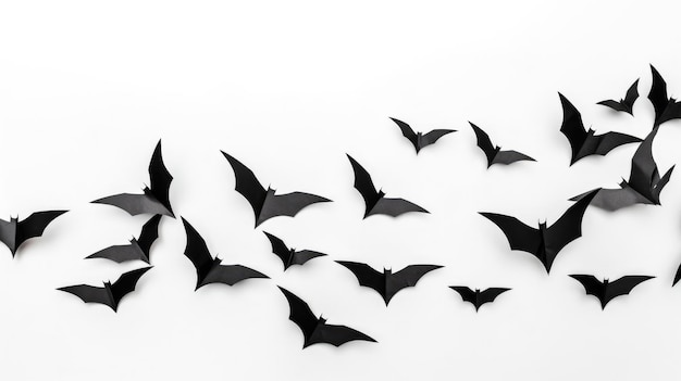Halloween y decoración concepto murciélagos de papel negro volando sobre fondo blanco.