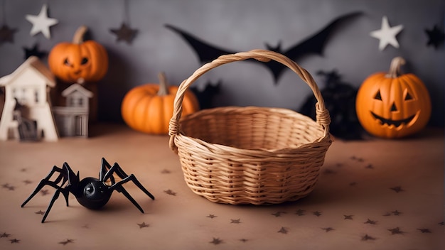 Foto halloween-dekoration mit korbspinnen und fledermäusen auf rustikalem hintergrund