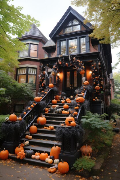 Foto halloween-dekorationen, gruselige lichter, geisterhafte häuser