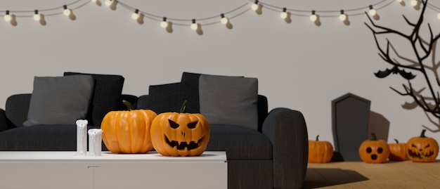 Halloween-Dekorationen im Wohnzimmer mit Kürbislampen dekoriert Halloween-Party 3D-Rendering