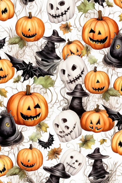 halloween detallado calabazas y fantasmas murciélagos fondo blanco pro vector patrones sin fisuras wate