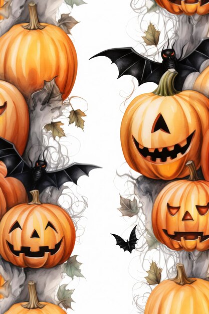 halloween detallado calabazas y fantasmas murciélagos fondo blanco pro vector patrones sin fisuras wate