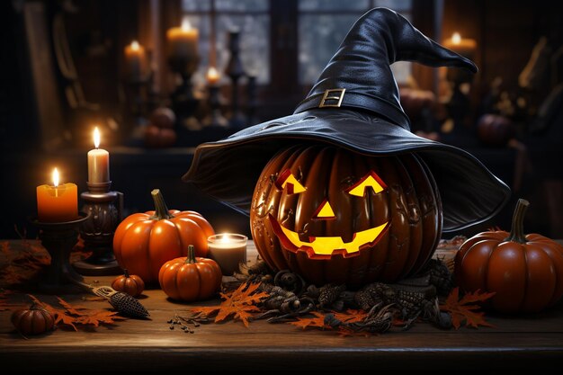 Halloween: Die Seelen der Toten kehrten in ihre Häuser zurück, Kürbisse, Hexen, Skelette, Zauberinnen, Geister der Toten, dunkle Nacht, Süßigkeiten, gruselige Kerzen