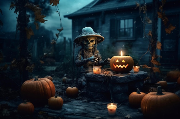 Halloween Die Seelen der Toten kehrten in ihre Häuser zurück Kürbisse Hexen Skelette Zauberinnen Geister der Toten Dunkle Nacht Süßigkeiten Gruselkerzen Generative KI
