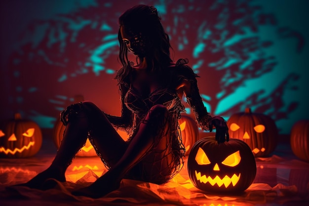 Halloween Die Seelen der Toten kehrten in ihre Häuser zurück Kürbisse Hexen Skelette Zauberinnen Geister der Toten Dunkle Nacht Süßigkeiten Gruselkerzen Generative KI