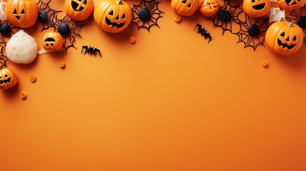 Halloween-Erntedankkarten-Kopierraum mit Halloween-Artikelrahmen isoliert auf gelb-orangefarbenem Hintergrund