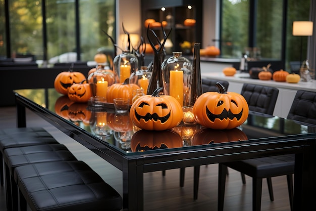 Halloween es una divertida fiesta tradicional Diseño de interiores con calabaza en colores naranja Brujería