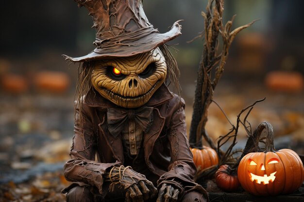 Halloween es una divertida fiesta tradicional Monstruo de calabaza fondo oscuro y velas Brujería mágica