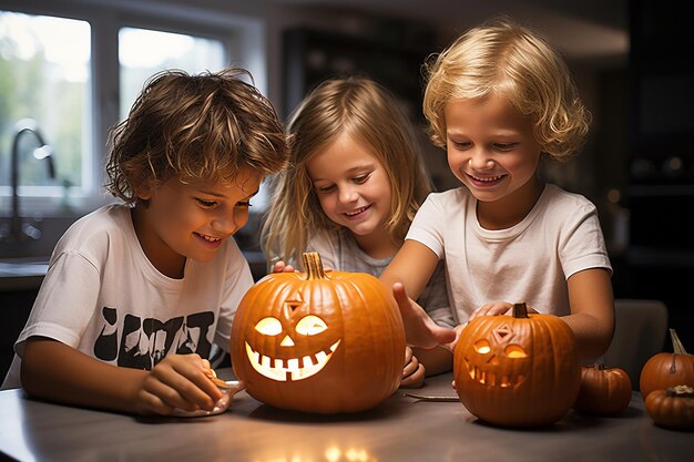 Halloween es una fiesta tradicional divertida para niños. Los niños tallan calabazas con fuego. La brujería es mágica.