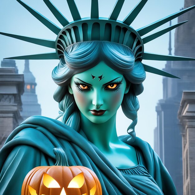 Foto halloween es una imagen realista de la estatua de la libertad y las calabazas de halloween