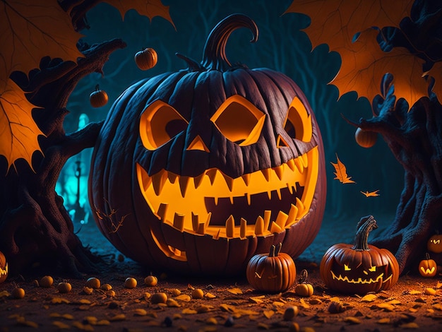 Halloween esculpindo abóbora em uma folha brilhante Jacko'lantern