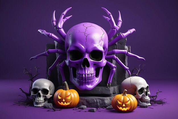 Halloween espantosa aranha crânio e sepultura feliz Halloween em fundo violeta isolado