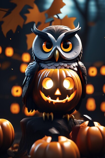 Halloween espeluznante búho en la calabaza en la noche oscura renderización 3D