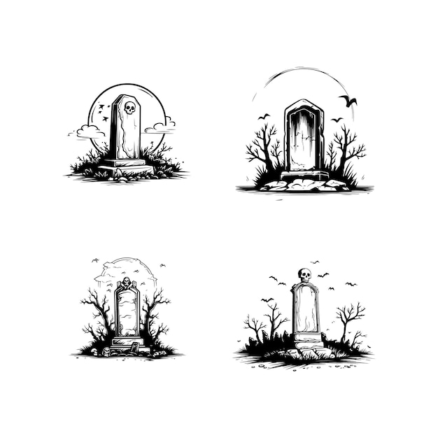 Halloween espeluznante lápidas cementerio con murciélagos y árboles ataúdes zombies vector silueta