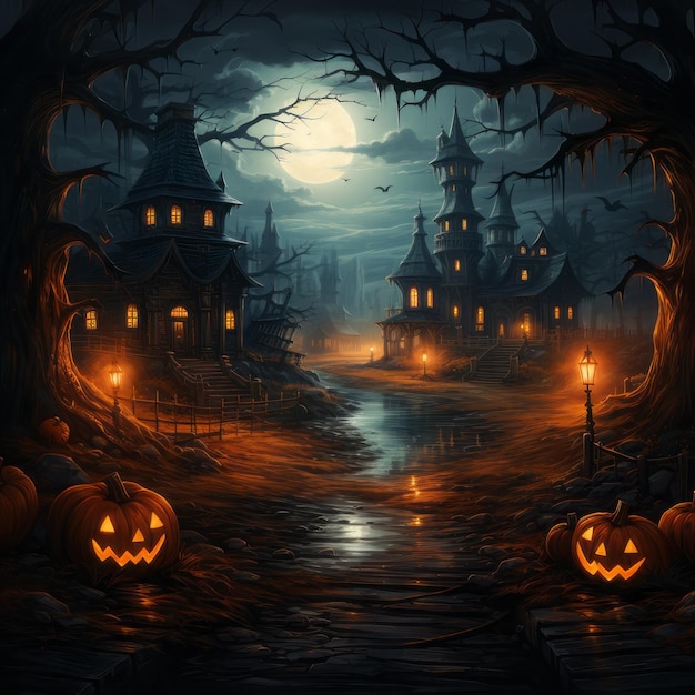 Halloween-Feierkonzept Spukhaus-Halloween-Hintergrund mit verlassenen Gebäuden und Kürbis