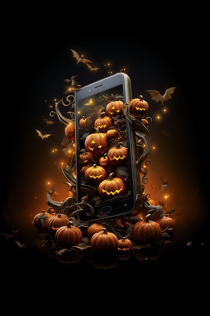 Halloween-Ferien-Hintergrund mit Handy und Kürbissen Vektorillustration