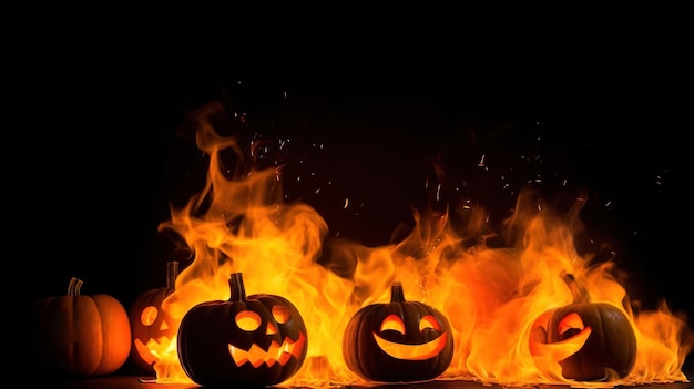 Halloween-Feuerkürbis in Flammen, dunkler Hintergrund, mystische Komposition, KI generiert