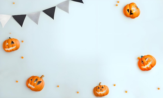 Halloween-Flachlage mit Kürbis auf pastellfarbenem Hintergrund, ai generiert