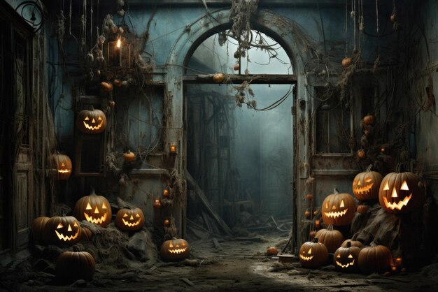 Halloween fondo espeluznante calabazas aterradoras en el castillo de fantasmas de terror espelozante