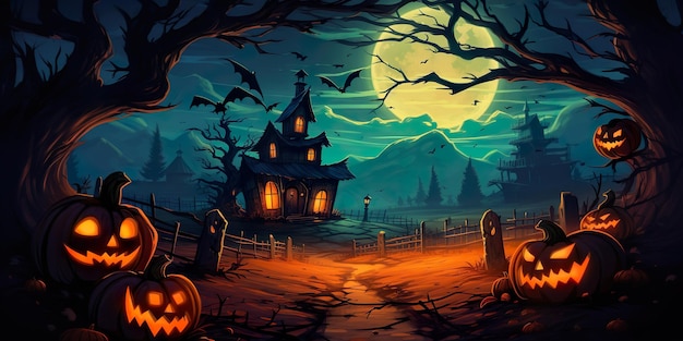 Halloween Fullmoon Banner Abóboras e morcegos IA generativa