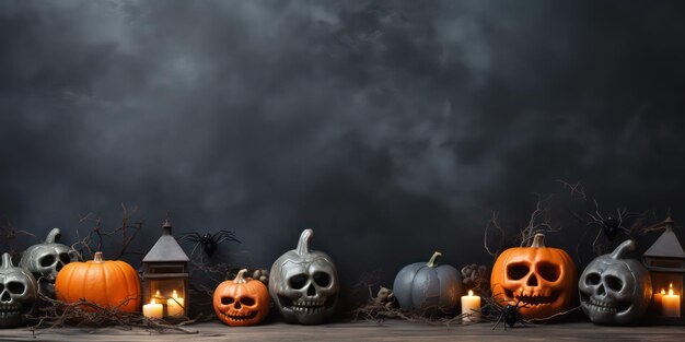 Foto halloween fundo escuro abóbora com velas fumaça e morcegos em fundo preto grande assustador