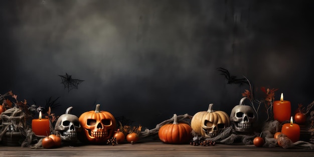 Foto halloween fundo escuro abóbora com velas fumaça e morcegos em fundo preto grande assustador