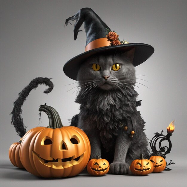 Halloween Gato con cráneo de calabaza espantapájaros murciélagos ai generados