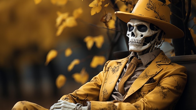 Halloween-Geist-Avatar in einem Anzug auf einem Friedhof denkend, Friedhofs-Horror, gruseliger, gruseliger Hintergrund